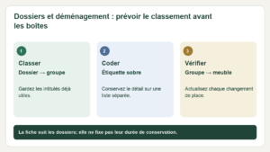 Schéma : Classer — Dossier → groupe : Gardez les intitulés déjà utiles. ; Coder — Étiquette sobre : Conservez le détail sur une liste séparée. ; Vérifier — Groupe → meuble : Actualisez chaque changement de place.